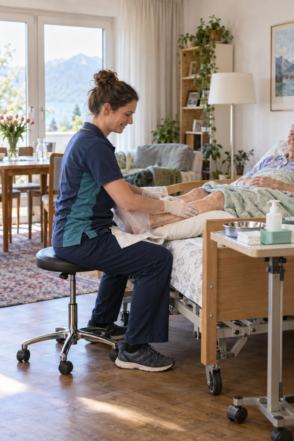 Spitex-Pflegefachperson pflegt in einem Wohnzimmer ergonomisch die Beine einer Klientin im Pflegebett